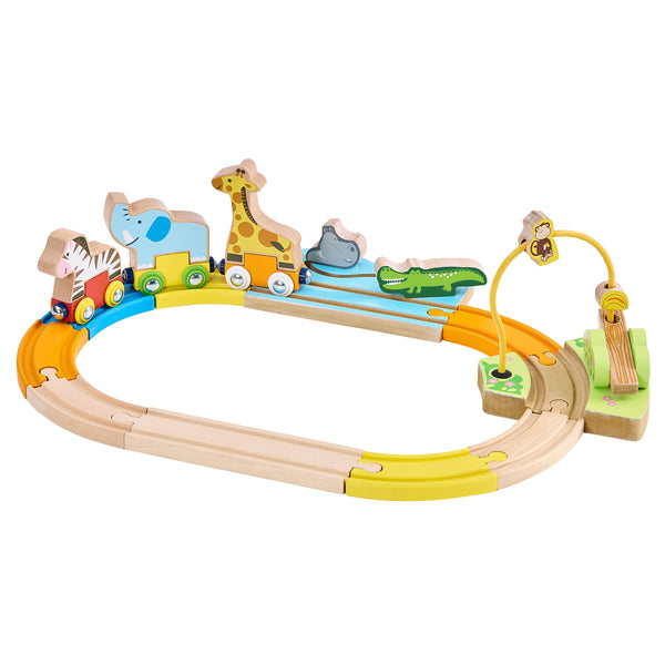 Safari Wooden Train Set with Painted Circus Animals, Wooden Railway with 3 Cars